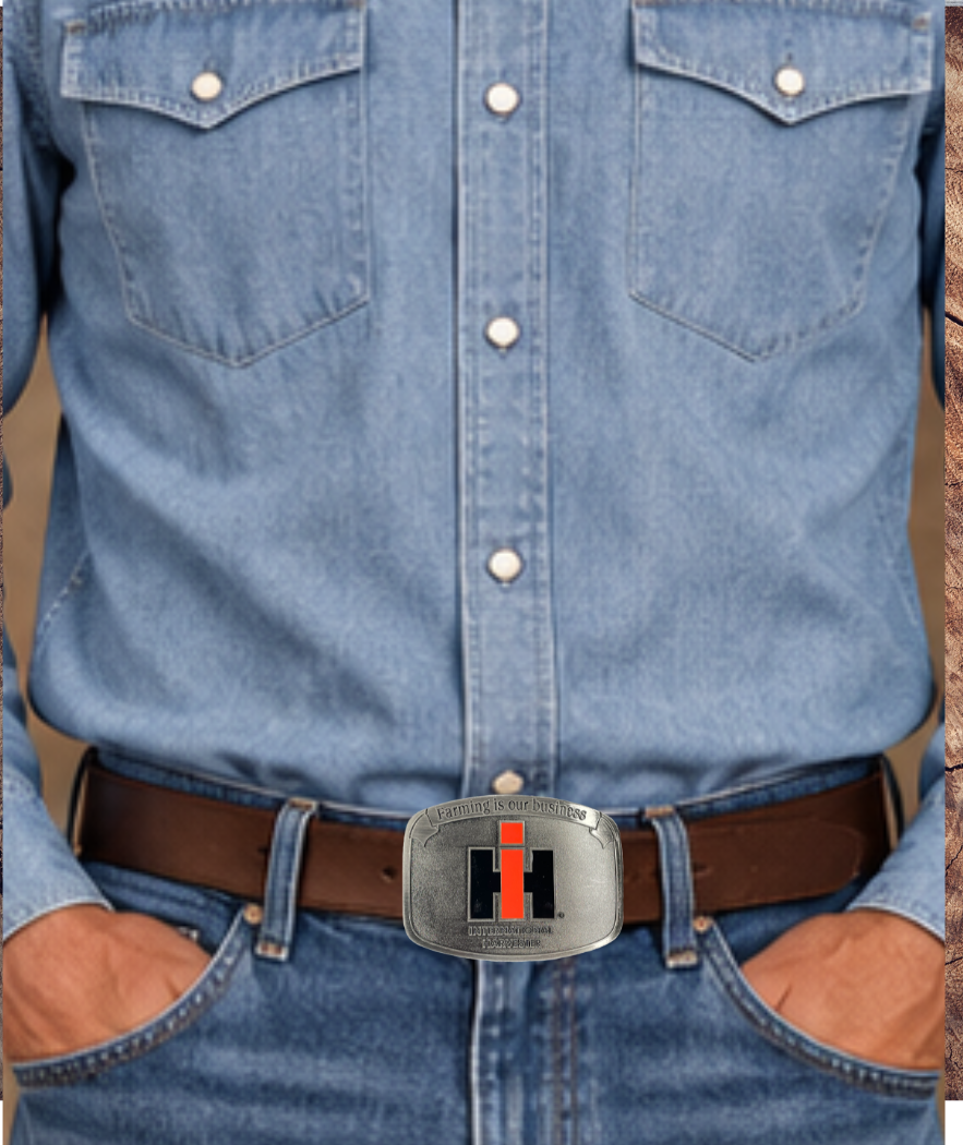 Curved Rectangle Shape Licensed International Harvester Buckle Fits 1 1/2 inch wide belts Approx. size 2 3/4"H x 3 3/4"W