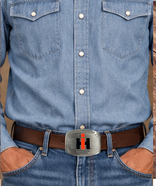 Curved Rectangle Shape Licensed International Harvester Buckle Fits 1 1/2 inch wide belts Approx. size 2 3/4"H x 3 3/4"W