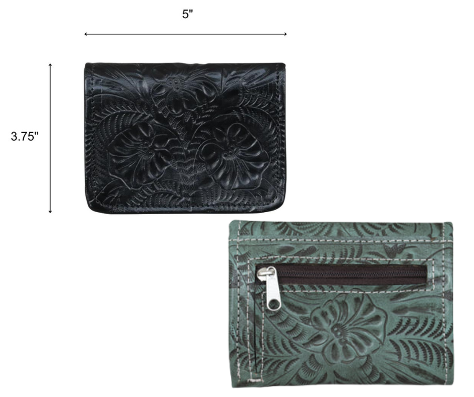 Indulge with this full grain leather tri-fold wallet! Every detail is hand-stained and hand-tooled in a western floral pattern, with a snap closure and a back zippered pocket for extra coins. Open it up to reveal 8 card slots, plus 3 other card-sized compartments, a clear ID slot, and two cash compartments. The pockets are lined with a light cotton linen to keep it slim. Swing by our Smyrna, TN shop (just off I24 from Nashville) to get yours today!