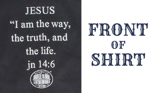 As you wear this shirt, let it speak on your behalf or spark conversations about your faith in Jesus, our Lord and Savior. It features the well known verse from The Gospel of John 14:6 and reminds us of the saving power of his Grace, Death, and Resurrection. This shirt is available both online and in our retail store in Smyrna, TN, just a short distance from Nashville.