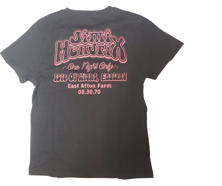 Our Jimi Hendrix Isle of Wright tee remembers his last show in 1970. Has those vintage style vintage style front and back graphics.&nbsp;Supper soft feel. A few left in stock at our Smyrna, TN shop.

Sizing measurements:
Chest under arm pit S-16", M-17", LRG 18", XL-19", 2X- 20"
Length top of neck to bottom of shirt S -24, M-25", L-26", XL-27", 2X-28"