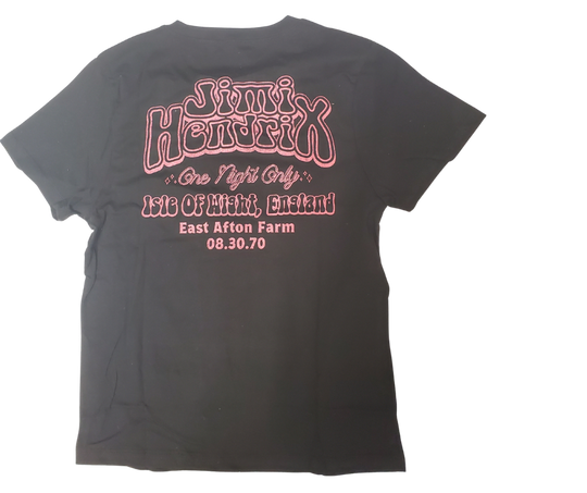 Our Jimi Hendrix Isle of Wright tee remembers his last show in 1970. Has those vintage style vintage style front and back graphics.&nbsp;Supper soft feel. A few left in stock at our Smyrna, TN shop.

Sizing measurements:
Chest under arm pit S-16", M-17", LRG 18", XL-19", 2X- 20"
Length top of neck to bottom of shirt S -24, M-25", L-26", XL-27", 2X-28"