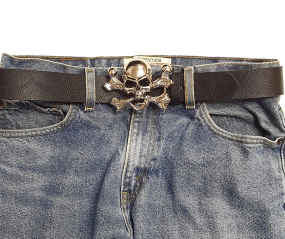 The "Jolly Roger" buckle features the iconic skull and crossbones design. It fits any standard 1 1/2" belt and shines with a polished silver finish. Measuring about 3" by 4", this bold buckle is ready to add some pirate flair. Grab yours online or visit us in Smyrna, TN, near Nashville.