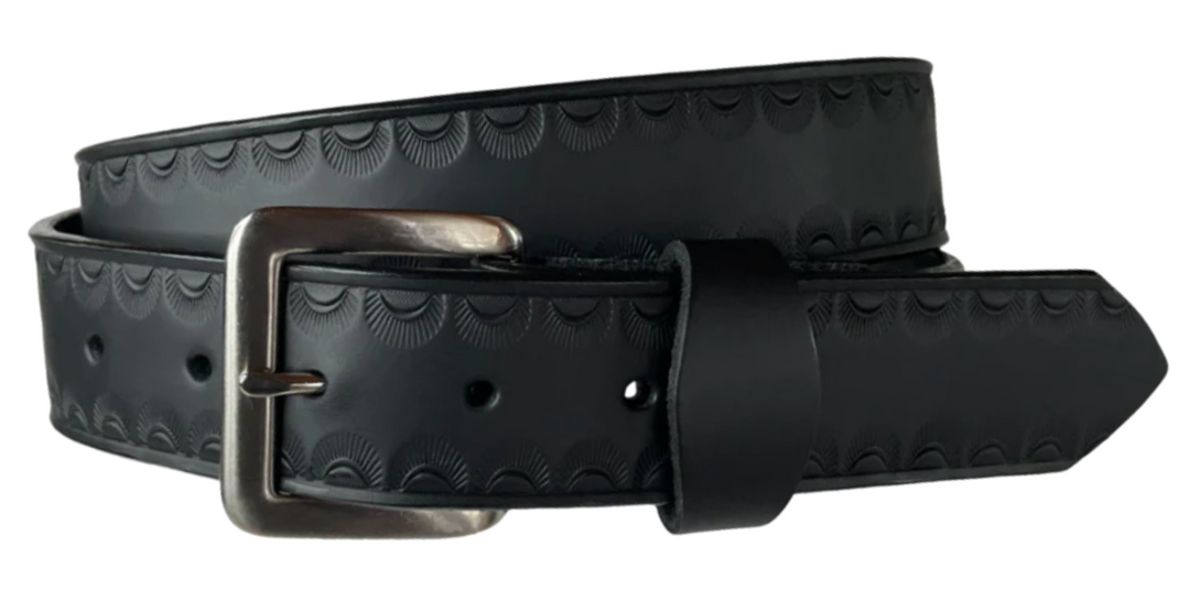"The Jackson" handmade all leather belt is made from a single strip of Veg-tan cowhide or drum dyed (colored all the way through) Black cowhide shoulder leather. The Two tone brown is a hand finished Veg-tan that is 9-10 oz., or approx. 8" thick. The width is 1 1/2".&amp;nbsp; It has an embossed classic Border design that&