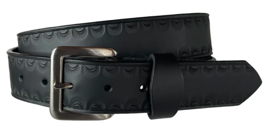 "The Jackson" handmade all leather belt is made from a single strip of Veg-tan cowhide or drum dyed (colored all the way through) Black cowhide shoulder leather. The Two tone brown is a hand finished Veg-tan that is 9-10 oz., or approx. 8" thick. The width is 1 1/2".&amp;nbsp; It has an embossed classic Border design that&