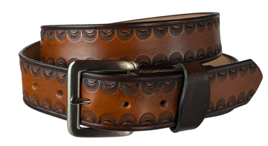 "The Jackson" handmade all leather belt is made from a single strip of Veg-tan cowhide or drum dyed (colored all the way through) Black cowhide shoulder leather. The Two tone brown is a hand finished Veg-tan that is 9-10 oz., or approx. 8" thick. The width is 1 1/2".&amp;nbsp; It has an embossed classic Border design that&