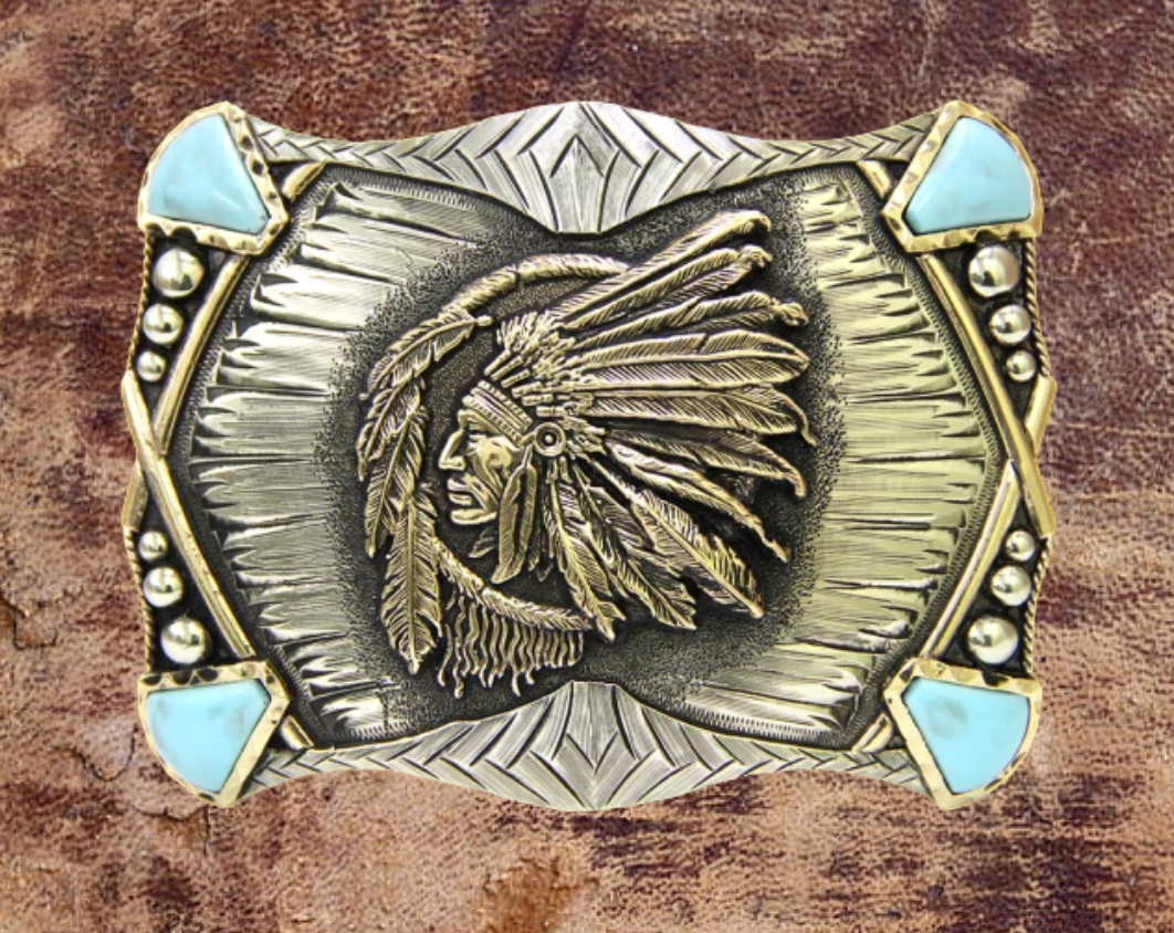 The Jefe Indio Indian Chief buckle has a rectangle shape southwest design a centered by a feathered head dressed Chief framed by synthetic stones on each corner. In order to give you the quality and long lasting final product we also plate each piece with copper, nickel and silver through electromagnetic processes. Finally each piece is covered with a heat sealed lacquer to ensure the piece&