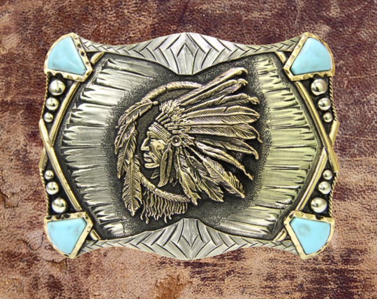 The Jefe Indio Indian Chief buckle has a rectangle shape southwest design a centered by a feathered head dressed Chief framed by synthetic stones on each corner. In order to give you the quality and long lasting final product we also plate each piece with copper, nickel and silver through electromagnetic processes. Finally each piece is covered with a heat sealed lacquer to ensure the piece&