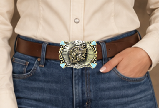 The Jefe Indio Indian Chief buckle has a rectangle shape southwest design a centered by a feathered head dressed Chief framed by synthetic stones on each corner. In order to give you the quality and long lasting final product we also plate each piece with copper, nickel and silver through electromagnetic processes. Finally each piece is covered with a heat sealed lacquer to ensure the piece&