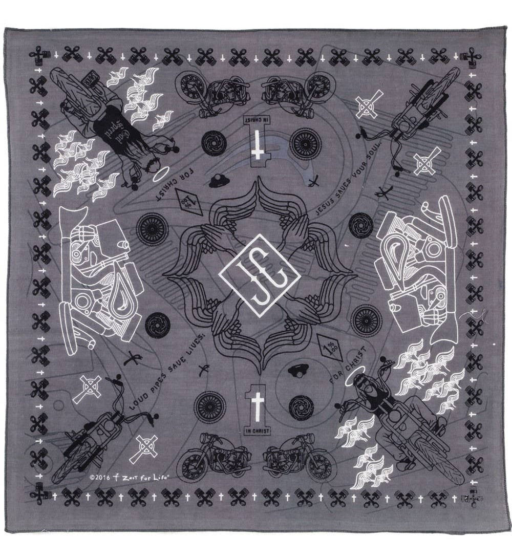 Jesus Biker Bandana with Crosses, Motorcycles and traditional paisley-eques artwork. We sell these at our Smyrna, TN shop because we BELEIVE too!

100% Cotton. Measures 22 x 22 inches.
Soft pigment-dyed print gets softer with each wash