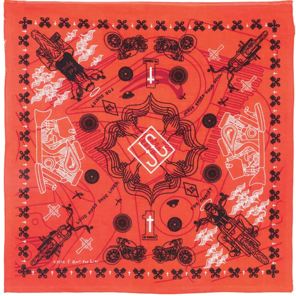 Jesus Biker Bandana with Crosses, Motorcycles and traditional paisley-eques artwork. We sell these at our Smyrna, TN shop because we BELIEVE too!

100% Cotton. Measures 22 x 22 inches.
Soft pigment-dyed print gets softer with each wash