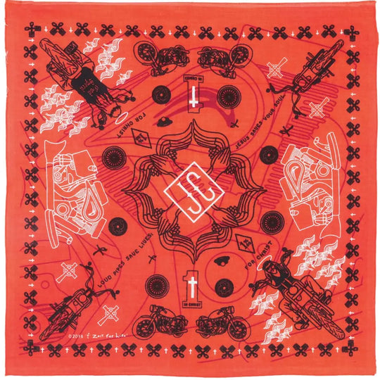 Jesus Biker Bandana with Crosses, Motorcycles and traditional paisley-eques artwork. We sell these at our Smyrna, TN shop because we BELIEVE too!

100% Cotton. Measures 22 x 22 inches.
Soft pigment-dyed print gets softer with each wash