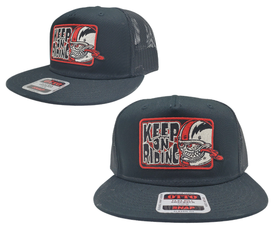 Get ready to ride with the Keep On Riding Bobber Monster Flat Bill Snapback Cap! This trendy cap features a mesh back, structured top to keep its shape, and a bold red embroidered patch that exclaims "Keep on Riding" with a graphic of a fierce Bobber Monster. Available now at our shop just outside Nashville in Smyrna, TN. Are you ready to take on the road in style?