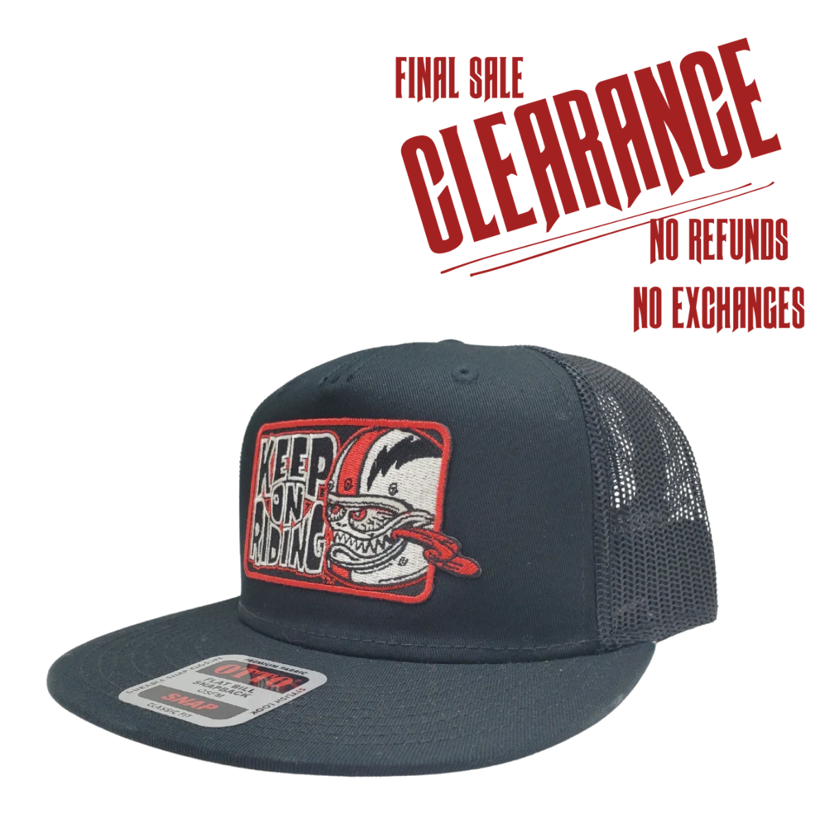 Get ready to ride with the Keep On Riding Bobber Monster Flat Bill Snapback Cap! This trendy cap features a mesh back, structured top to keep its shape, and a bold red embroidered patch that exclaims "Keep on Riding" with a graphic of a fierce Bobber Monster. Available now at our shop just outside Nashville in Smyrna, TN. Are you ready to take on the road in style?