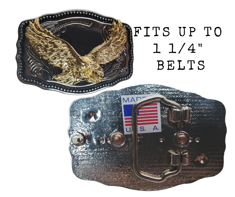 These western buckles are the perfect accessory for kids or adults who wear belts up to 1 1/4" wide. Adorned with a classic western scroll and featuring a gold motif set against a chrome background. Plus, they're compact at just 2 1/2" across by 1 3/4" wide! Shop online or visit our store in Smyrna, TN, near Nashville, to get yours.