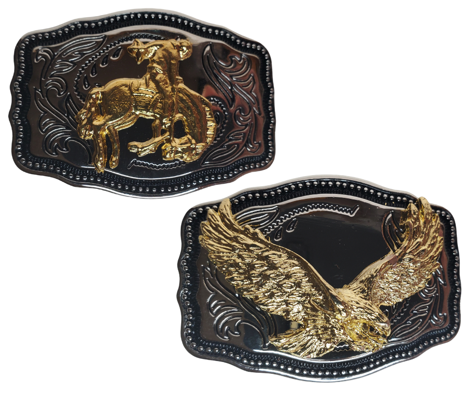 These western buckles are the perfect accessory for kids or adults who wear belts up to 1 1/4" wide. Adorned with a classic western scroll and featuring a gold motif set against a chrome background. Plus, they're compact at just 2 1/2" across by 1 3/4" wide! Shop online or visit our store in Smyrna, TN, near Nashville, to get yours.