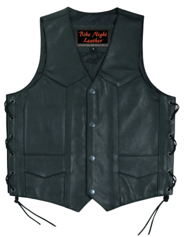 Be just like Mom and Dad in this real leather Kids' vest. The Mick is a traditional V-neck design vest, and side lace on the sides for growing up. Lot's of room for patches on the back too. Visit our leather shop in Smyrna, TN, near Nashville, and choose from sizes small to 5x.