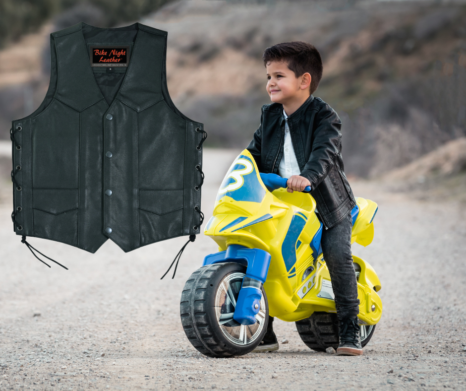Be just like Mom and Dad in this real leather Kids' vest. The Mick is a  traditional V-neck design vest, and side lace on the sides for growing up. Lot's of room for patches on the back too. Visit our leather shop in Smyrna, TN, near Nashville, and choose from sizes small to 5x.