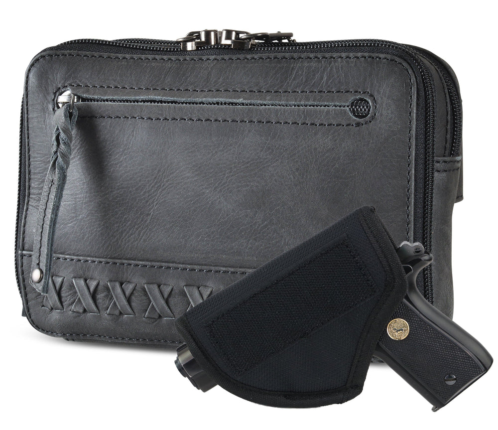 The Kailey Fanny/Sling Conceal Purse is crafted with genuine buffalo leather. This is just not your average fanny pack. The bag is highlighted with beautiful crisscross lacing or decorative studs. Unzip the front flap for easy access to your weapon. Additional storage is provided by a slip pocket on the back and a decorative zippered pocket on the front. Can be worn around the waist or as a sling. Part of our leather conceal handbags at our Smyrna, TN shop.