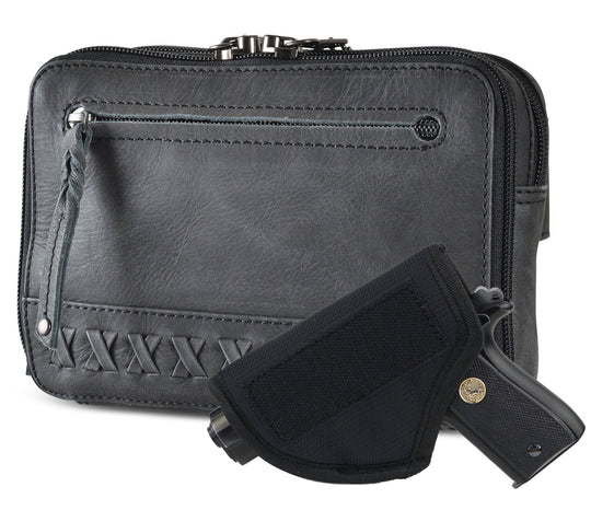 The Kailey Fanny/Sling Conceal Purse is crafted with genuine buffalo leather. This is just not your average fanny pack. The bag is highlighted with beautiful crisscross lacing or decorative studs. Unzip the front flap for easy access to your weapon. Additional storage is provided by a slip pocket on the back and a decorative zippered pocket on the front. Can be worn around the waist or as a sling. Part of our leather conceal handbags at our Smyrna, TN shop.