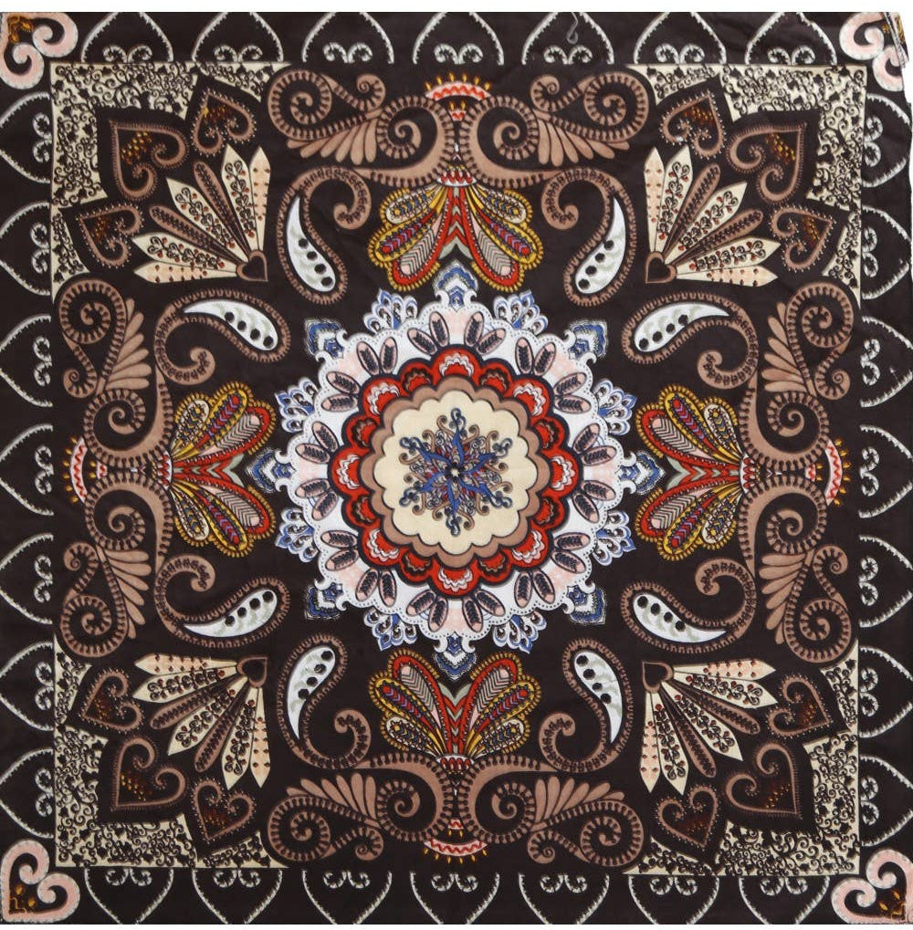 Kaleidoscope Paisley style bandanna. Multi color with Victorian overtones design. Get yours at our Smyrna, TN shop not far from Murfreesboro.

Made with colorfast dyes on super soft, 100% cotton.
Measures 22 inches x 22 inches.
Handcrafted in India using traditional techniques