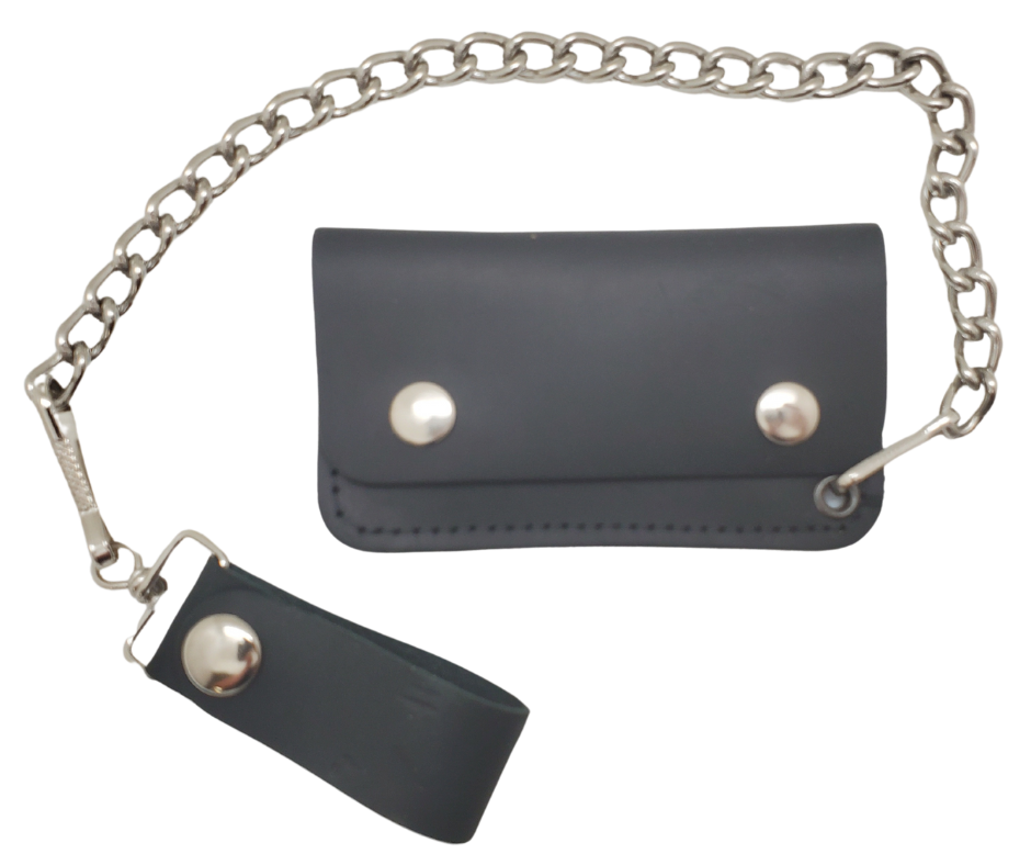 The Kickstand is for the Minimalist. The most compact chain wallet we offer. Just enough room for some folded up cash a couple cards. Nothing to bog you down. Made in USA!

Choose Natural Veg-tan, Oil Tan Brown or Black
2 pockets
Complete with 12" chain
Approximate size 4.5" x 2.75"
Snap Closure
Real Leather