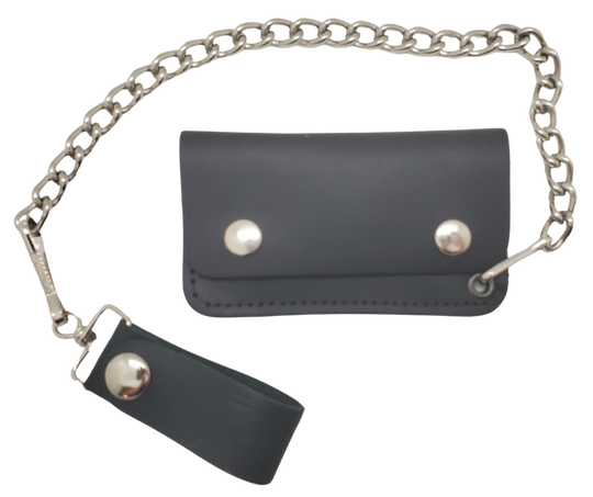 The Kickstand is for the Minimalist. The most compact chain wallet we offer. Just enough room for some folded up cash a couple cards. Nothing to bog you down. Made in USA!

Choose Natural Veg-tan, Oil Tan Brown or Black
2 pockets
Complete with 12" chain
Approximate size 4.5" x 2.75"
Snap Closure
Real Leather
