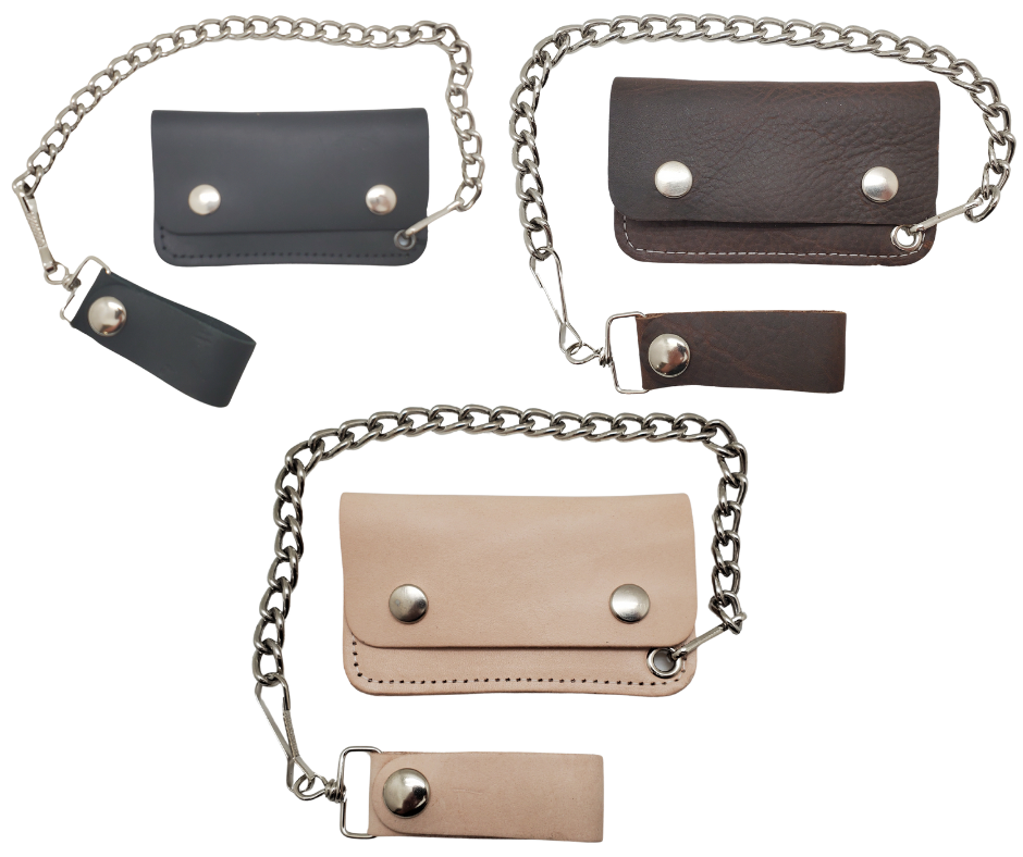 The Kickstand is for the Minimalist. The most compact chain wallet we offer. Just enough room for some folded up cash a couple cards. Nothing to bog you down. Made in USA!

Choose Natural Veg-tan, Oil Tan Brown or Black
2 pockets
Complete with 12" chain
Approximate size 4.5" x 2.75"
Snap Closure
Real Leather