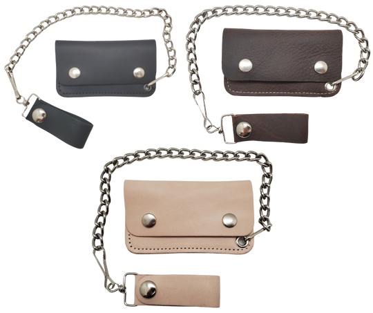 The Kickstand is for the Minimalist. The most compact chain wallet we offer. Just enough room for some folded up cash a couple cards. Nothing to bog you down. Made in USA!

Choose Natural Veg-tan, Oil Tan Brown or Black
2 pockets
Complete with 12" chain
Approximate size 4.5" x 2.75"
Snap Closure
Real Leather