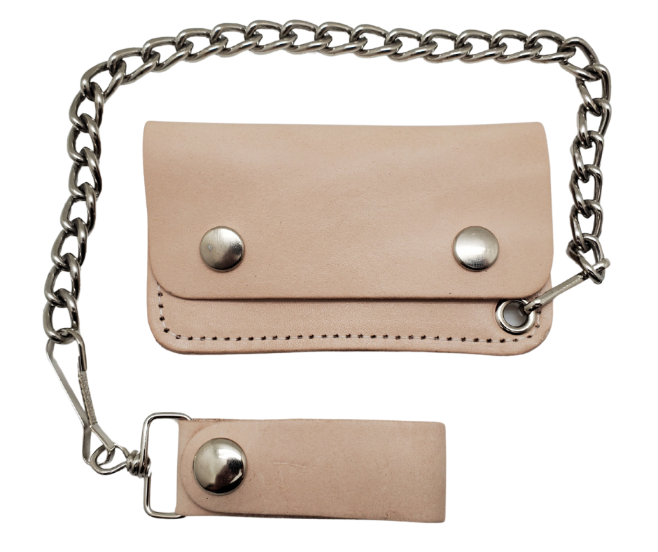 The Kickstand is for the Minimalist. The most compact chain wallet we offer. Just enough room for some folded up cash a couple cards. Nothing to bog you down. Made in USA!

Choose Natural Veg-tan, Oil Tan Brown or Black
2 pockets
Complete with 12" chain
Approximate size 4.5" x 2.75"
Snap Closure
Real Leather