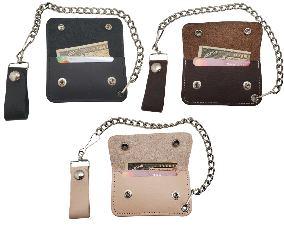 The Kickstand is for the Minimalist. The most compact chain wallet we offer. Just enough room for some folded up cash a couple cards. Nothing to bog you down. Made in USA!

Choose Natural Veg-tan, Oil Tan Brown or Black
2 pockets
Complete with 12" chain
Approximate size 4.5" x 2.75"
Snap Closure
Real Leather