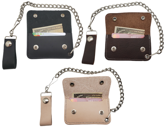 The Kickstand is for the Minimalist. The most compact chain wallet we offer. Just enough room for some folded up cash a couple cards. Nothing to bog you down. Made in USA!

Choose Natural Veg-tan, Oil Tan Brown or Black
2 pockets
Complete with 12" chain
Approximate size 4.5" x 2.75"
Snap Closure
Real Leather