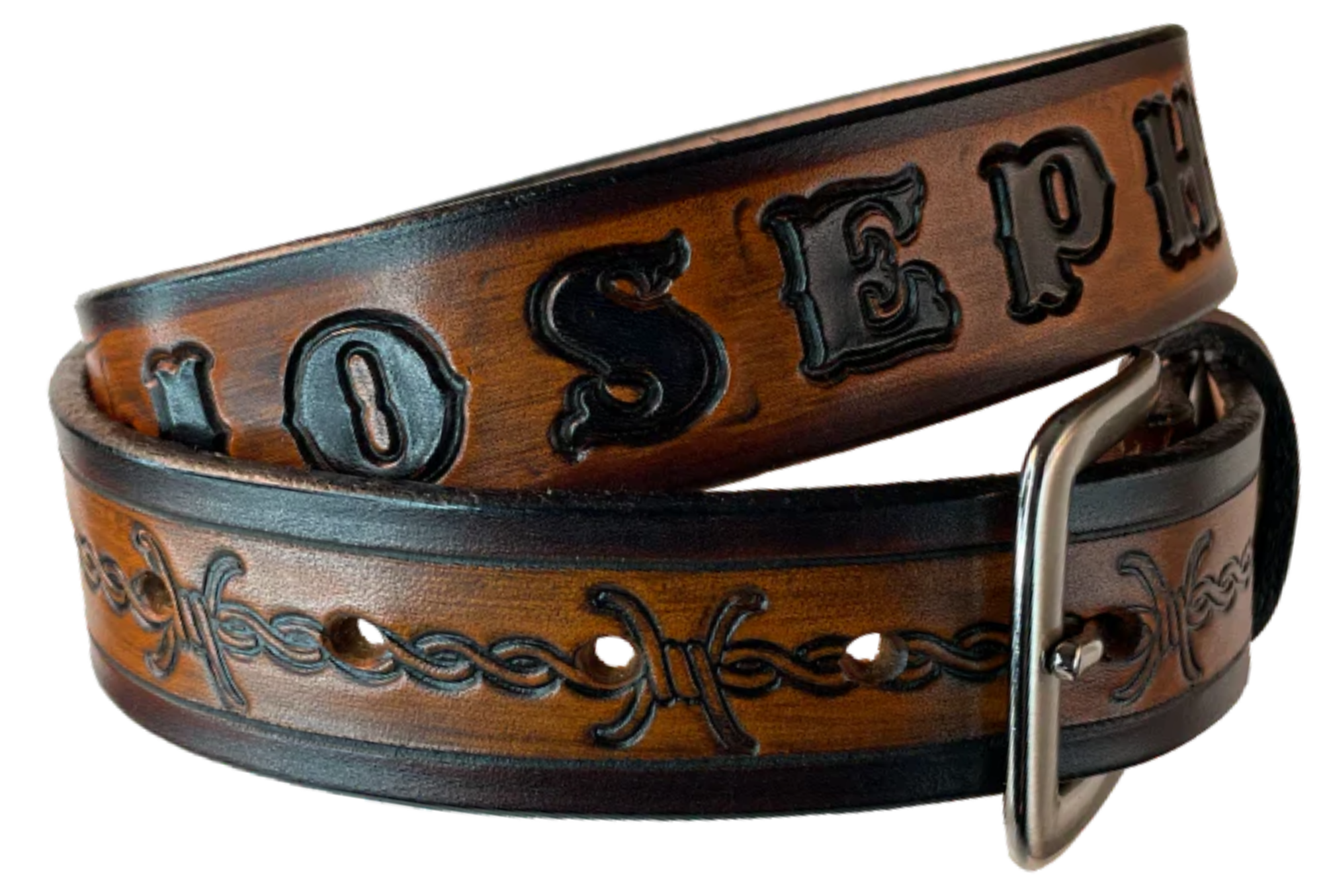 Our "Kid's Barbwire" is just like the Riding Fence' for dad or mom. Full grain American vegetable tanned cowhide approx. 1/8"thick. Width is 1 1/4" and includes Antique Nickle plated Solid Brass buckle. We Hand Finish with each belt. Edges are smooth burnished painted edges. Made in our Smyrna, TN, USA shop. Buckle snaps in place for easy changing if desired. Choose with or without name, if without name, design will cover entire length of belt.