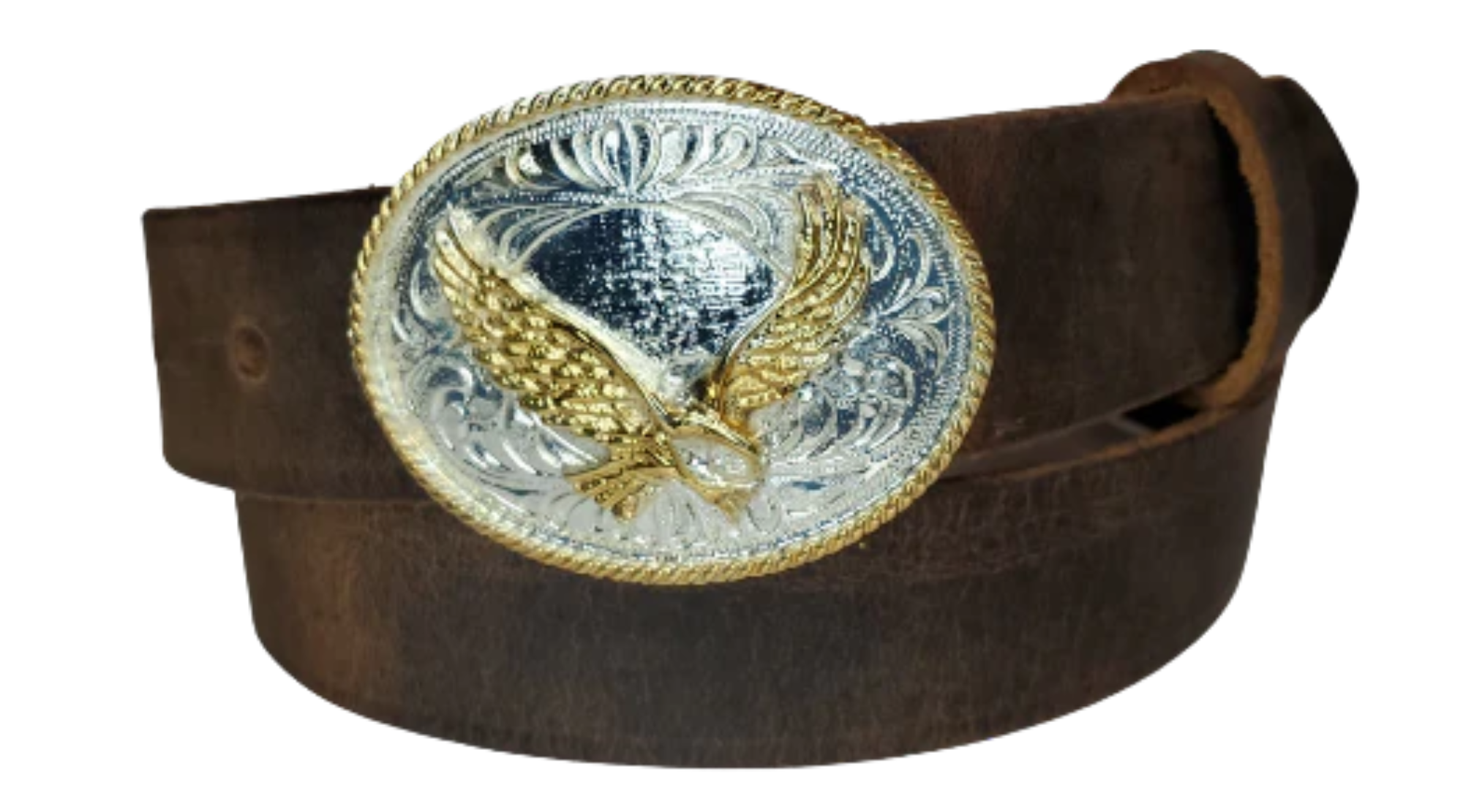 Our Kids/Youth Belt Combo is a great choice who's wants to be like dad or mom! Full grain Distressed Brown Water Buffalo or Black cowhide leather that is approx. 1/8"thick. The width is 1 1/4" and this Combo includes a Western styled Nickle plated oval shaped buckle with a Flying Eagle completed with a rope edge.  Included 2" x 2 1/2" sized Buckle snaps in place for easy changing if desired. Choose a Black or Distressed Brown Leather belt for the Combo. Made in our Smyrna, TN, USA shop.       