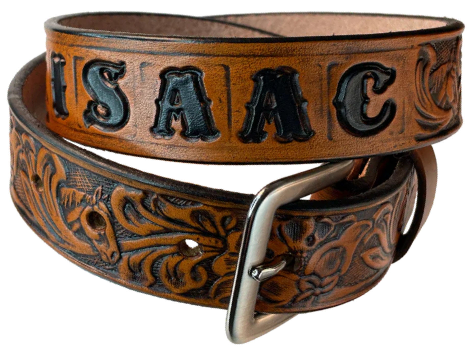 Introduce your little one to the iconic style of the west with the "Mustang" Leather KIDS/CHILDRENS Name Belt! Durable veg tan leather ensures that your cowboy or cowgirl can look good while feeling comfortable, and a unique western floral design featuring horses adds a touch of fun. A 1 1/4" width with snaps makes swapping out buckles a snap! Proudly made in Smyrna TN, just outside Nashville. 