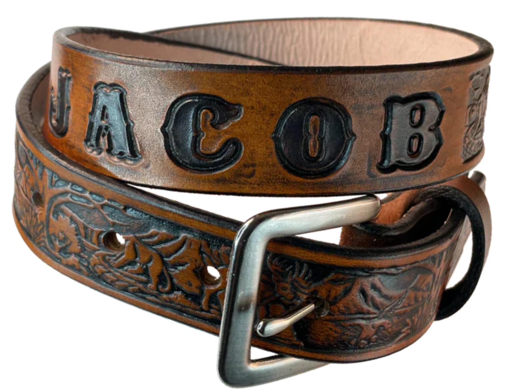 Perfect for the Outdoors type the Wilderness scene embossed on veg tanned cowhide belt, about 1/8" thick, 1 1/4" width, burnished painted edges. The buckle easily snaps into place, allowing for easy changing when desired. Handcrafted with care in our Smyrna, TN shop, our Lil' Wilderness belt guarantees satisfaction. Follow our belt sizing instructions for a perfect fit.   