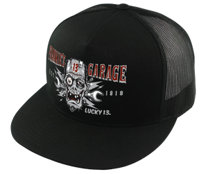 The Lucky 13 Frankie's Garage solid poplin-mesh snapback trucker cap has the retro racing-inspired "Frankie Head" graphic on front and a "Lightning Bolt 13" embroidered on the back left side. There is an adjustable strap to assist in helping this hat fit almost any size head. Come and and get'em at our Smyrna, TN shop a short ride outside Nashville.