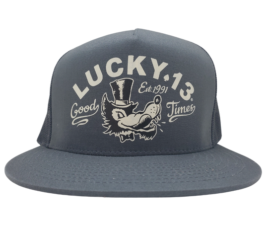 The Lucky 13 Mr. Wolf snapback trucker cap has the "Vintage" screen printed graphic on front and a "13" embroidered on the back left side. Twill front/Mesh back. There is an adjustable snap back to assist in helping this hat fit almost any size head. Come and and get'em at our Smyrna, TN shop a short ride outside Nashville.

COLOR: BLACK