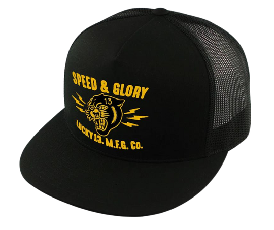 The Lucky 13 Panther Head Speed and Glory snapback trucker cap has the Yellow "Panther" graphic on front and a "13" embroidered on the back left side. Front is Twill back is Mesh. There is an adjustable snap back to assist in helping this hat fit almost any size head. Come and and get'em at our Smyrna, TN shop a short ride outside Nashville.

COLOR: BLACK