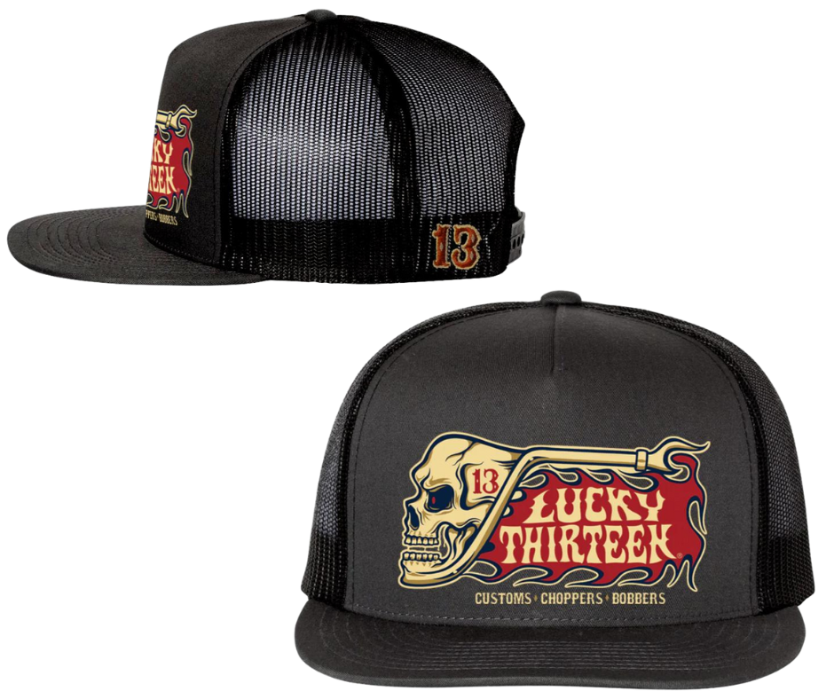 The Lucky 13 Skull and Pipe solid poplin 5 panel front and mesh back, snapback trucker cap has the "Chopper, Customs, Bobbers" graphic on front and a embroidery on the back left side. There is an adjustable strap to assist in helping this hat fit almost any size head. Come and and get'em at our Smyrna, TN shop a short ride outside Nashville.