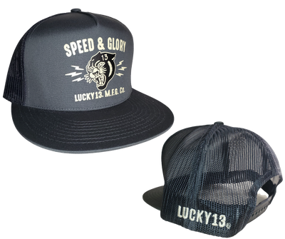 The Lucky 13 The PANTHER HEAD solid poplin-mesh snapback trucker cap has the retro racing-inspired "Panther Head" graphic on front and a "Lucky 13" embroidered on the back left side. There is an adjustable strap to assist in helping this hat fit almost any size head. Come and and get'em at our Smyrna, TN shop a short ride outside Nashville.