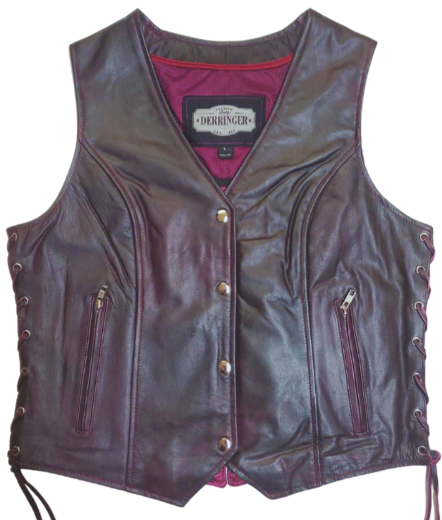 This ladies' vest features a soft purple color, V-neck design, and lace detailing on the sides for a casual and comfortable look. Made from lightweight Lambskin. The 3 panel pack and snap front closure add to the practicality of this vest. Not to mention, the V-notch on the lower back ensures a perfect fit. Visit our leather shop in Smyrna, TN, near Nashville, and choose from sizes small to 5x.