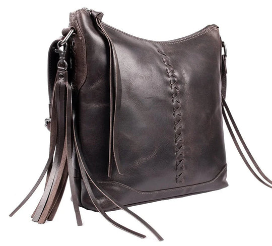The Blake Scooped Leather Crossbody is crafted from premium full-grain leather, each piece showcasing its own natural variations in grain and shading. Intricate leather crisscross stitching adorns the front and sides, complemented by decorative long tassels for added charm. A large open pocket for your cell phone, and a leather key strap. A zippered pocket on the back adds more room for your essentials. Part of our Carry Conceal Handbags in our Smyrna, TN shop.