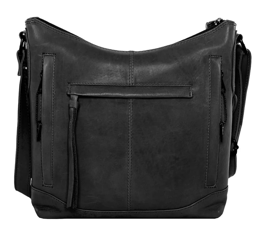 The Blake Scooped Leather Crossbody is crafted from premium full-grain leather, each piece showcasing its own natural variations in grain and shading. Intricate leather crisscross stitching adorns the front and sides, complemented by decorative long tassels for added charm. A large open pocket for your cell phone, and a leather key strap. A zippered pocket on the back adds more room for your essentials. Part of our Carry Conceal Handbags in our Smyrna, TN shop.