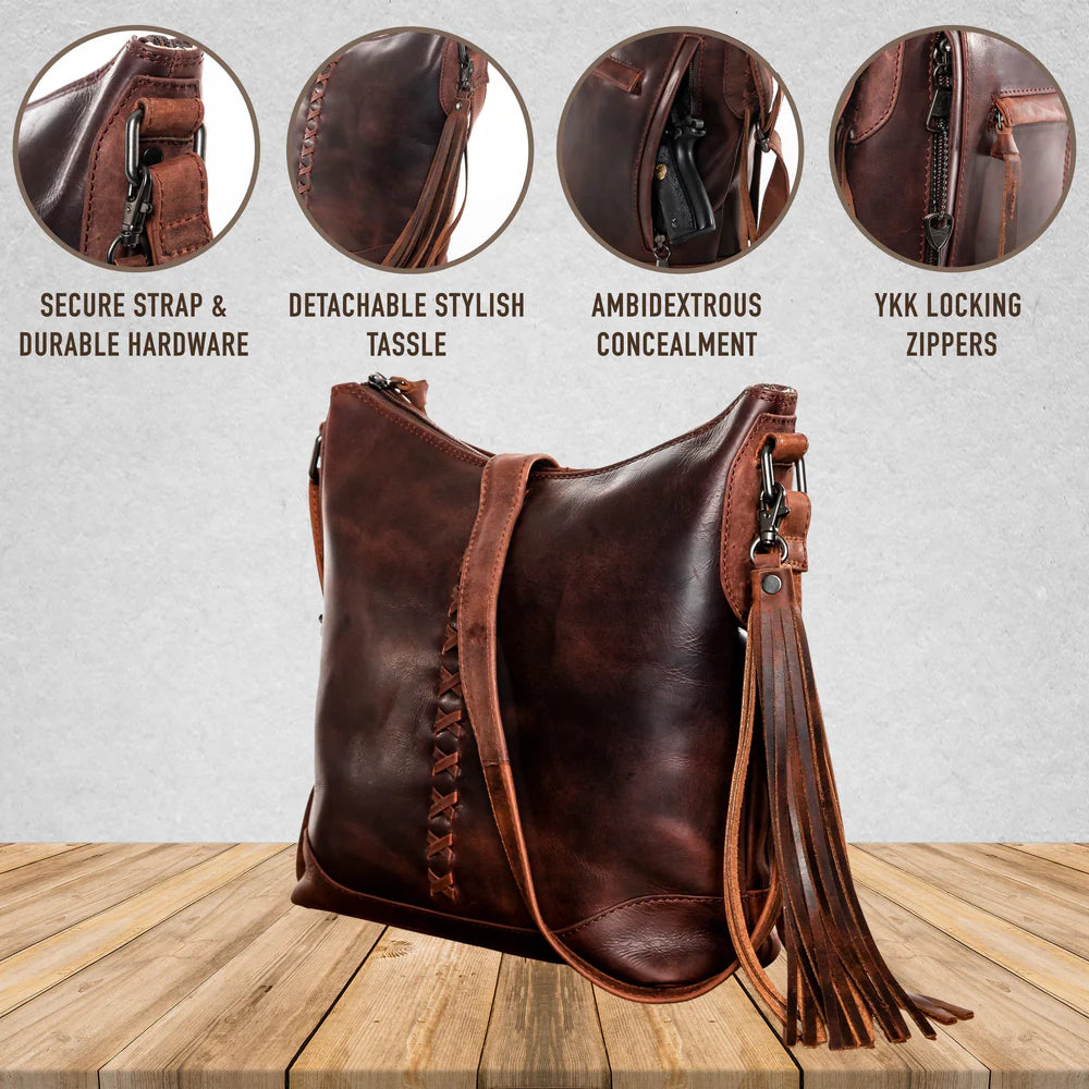 The Blake Scooped Leather Crossbody is crafted from premium full-grain leather, each piece showcasing its own natural variations in grain and shading. Intricate leather crisscross stitching adorns the front and sides, complemented by decorative long tassels for added charm. A large open pocket for your cell phone, and a leather key strap. A zippered pocket on the back adds more room for your essentials. Part of our Carry Conceal Handbags in our Smyrna, TN shop.