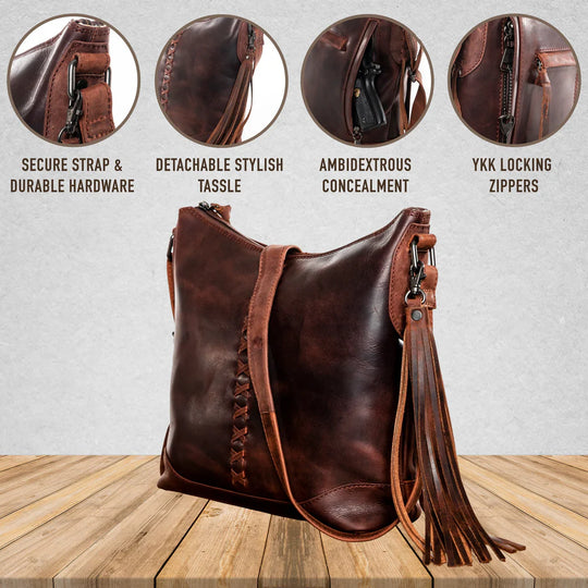 The Blake Scooped Leather Crossbody is crafted from premium full-grain leather, each piece showcasing its own natural variations in grain and shading. Intricate leather crisscross stitching adorns the front and sides, complemented by decorative long tassels for added charm. A large open pocket for your cell phone, and a leather key strap. A zippered pocket on the back adds more room for your essentials. Part of our Carry Conceal Handbags in our Smyrna, TN shop.