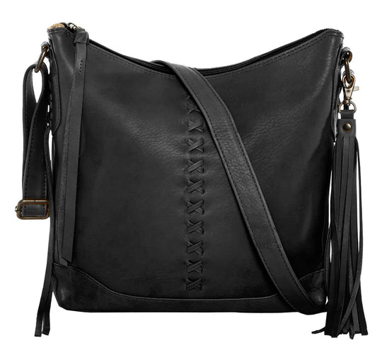 The Blake Scooped Leather Crossbody is crafted from premium full-grain leather, each piece showcasing its own natural variations in grain and shading. Intricate leather crisscross stitching adorns the front and sides, complemented by decorative long tassels for added charm. A large open pocket for your cell phone, and a leather key strap. A zippered pocket on the back adds more room for your essentials. Part of our Carry Conceal Handbags in our Smyrna, TN shop.