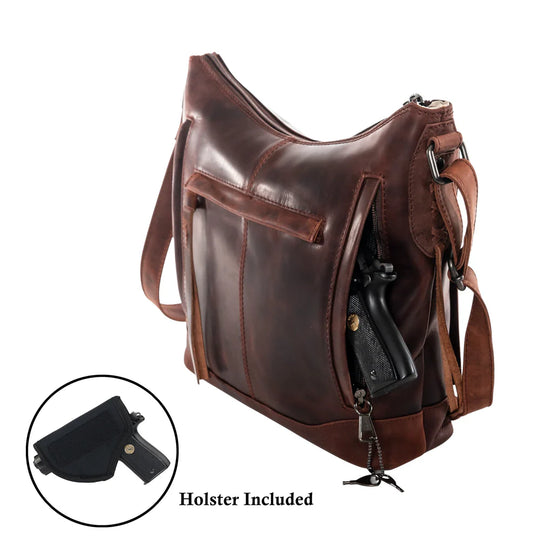 The Blake Scooped Leather Crossbody is crafted from premium full-grain leather, each piece showcasing its own natural variations in grain and shading. Intricate leather crisscross stitching adorns the front and sides, complemented by decorative long tassels for added charm. A large open pocket for your cell phone, and a leather key strap. A zippered pocket on the back adds more room for your essentials. Part of our Carry Conceal Handbags in our Smyrna, TN shop.