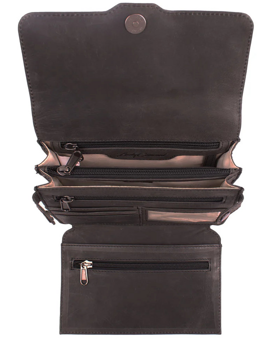The Jolene, crafted with premium buffalo leather, has a flap that is highlighted with stunning criss-cross lacing. Underneath the front flap, secured with strong snaps, is an organizer with an ID holder, 3 credit card slots, an open pocket for a cell phone, and two zippered coin pockets with RFID protection. The main interior has two open compartments divided by a zippered pocket with an additional zippered pocket on the back of the interior. The adjustable crossbody strap measures 29”- 54” by .75 wide 