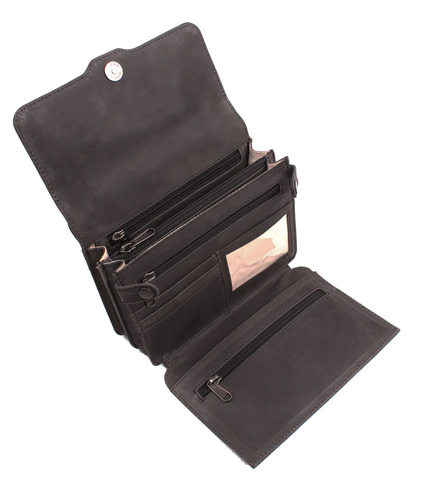 The Jolene, crafted with premium buffalo leather, has a flap that is highlighted with stunning criss-cross lacing. Underneath the front flap, secured with strong snaps, is an organizer with an ID holder, 3 credit card slots, an open pocket for a cell phone, and two zippered coin pockets with RFID protection. The main interior has two open compartments divided by a zippered pocket with an additional zippered pocket on the back of the interior. The adjustable crossbody strap measures 29”- 54” by .75 wide 